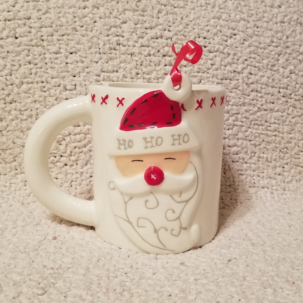 Santa Mug with "buttons" and red "cross stitching"
